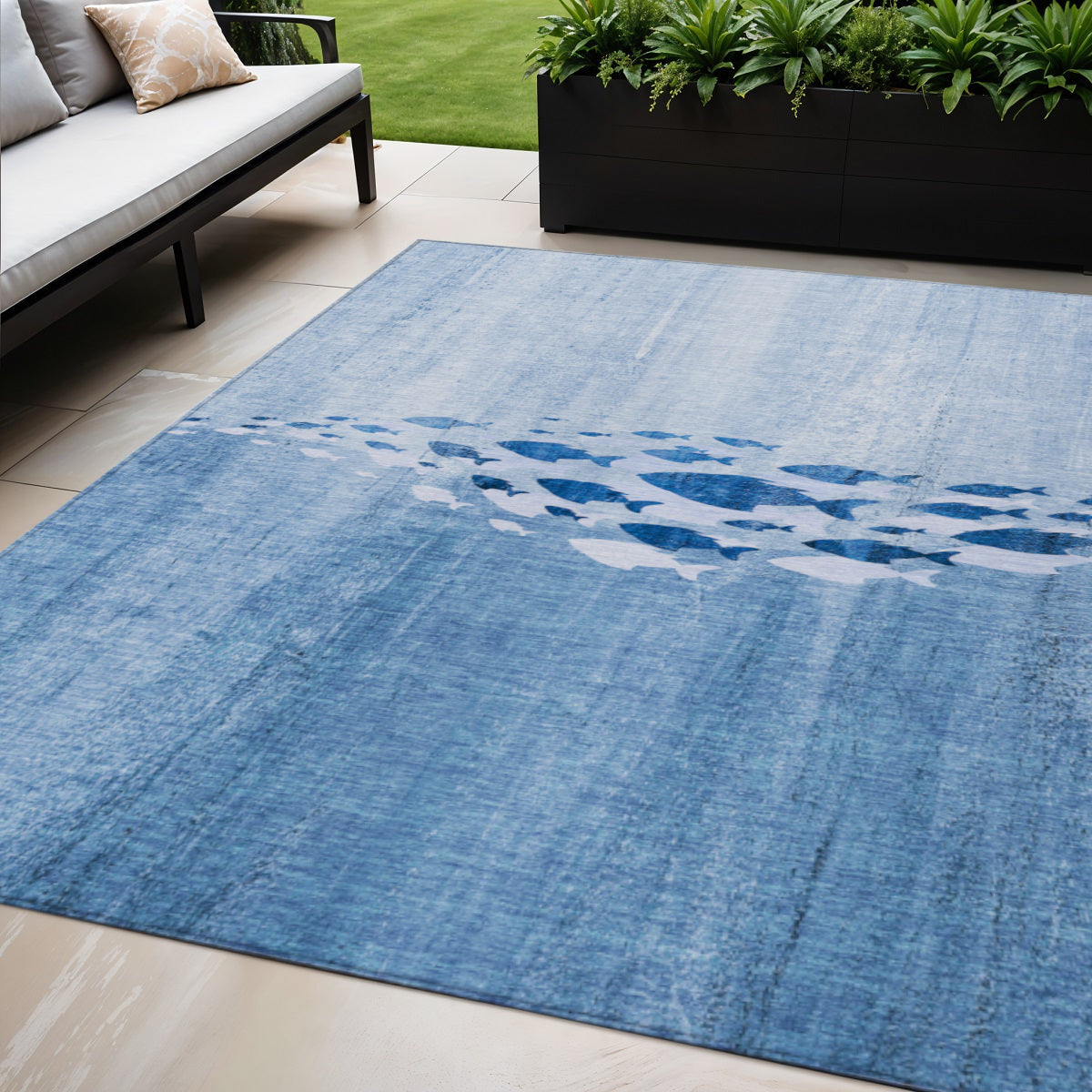 5 X 8 Sky Blue And Navy Blue Nautical Washable Indoor Outdoor Area Rug
