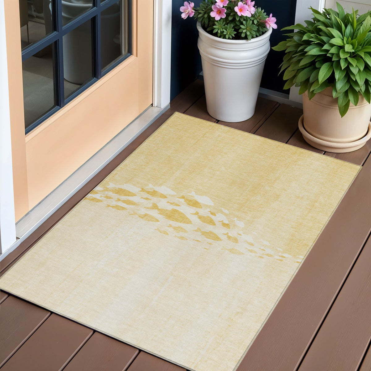 3 X 5 Gold Yellow And Wheat Nautical Washable Indoor Outdoor Area Rug