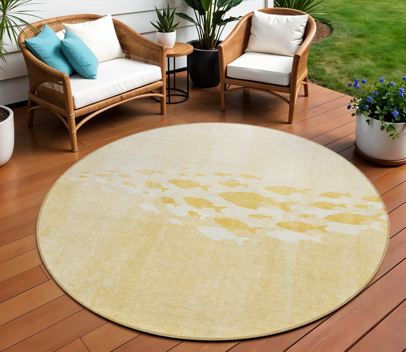 8 Gold Yellow And Wheat Round Nautical Washable Indoor Outdoor Area Rug