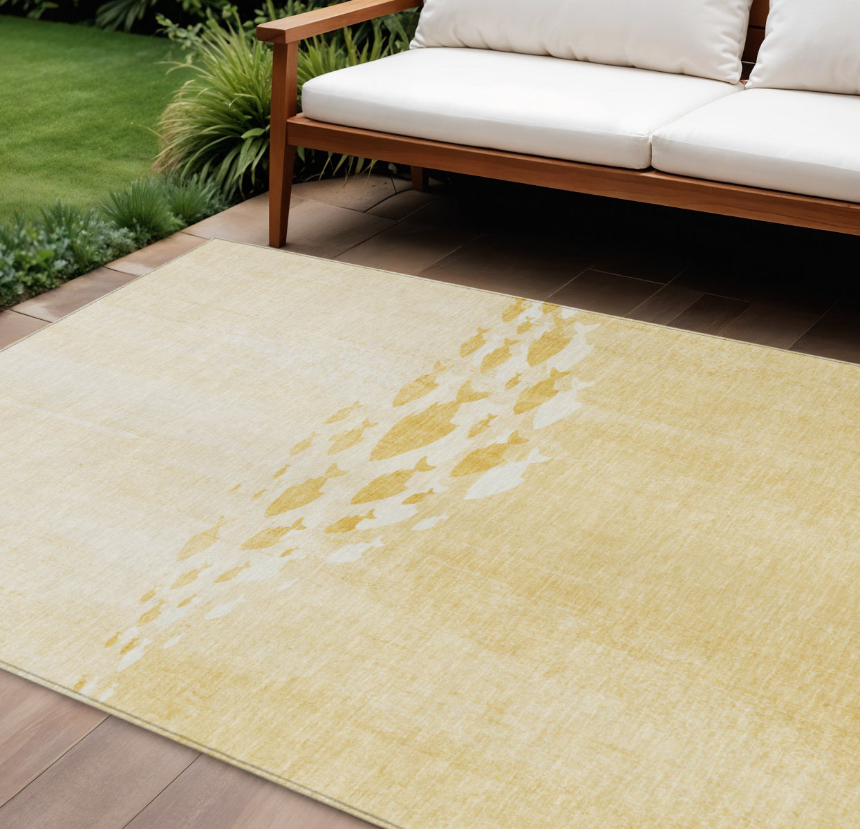 8 X 10 Gold Yellow And Wheat Nautical Washable Indoor Outdoor Area Rug