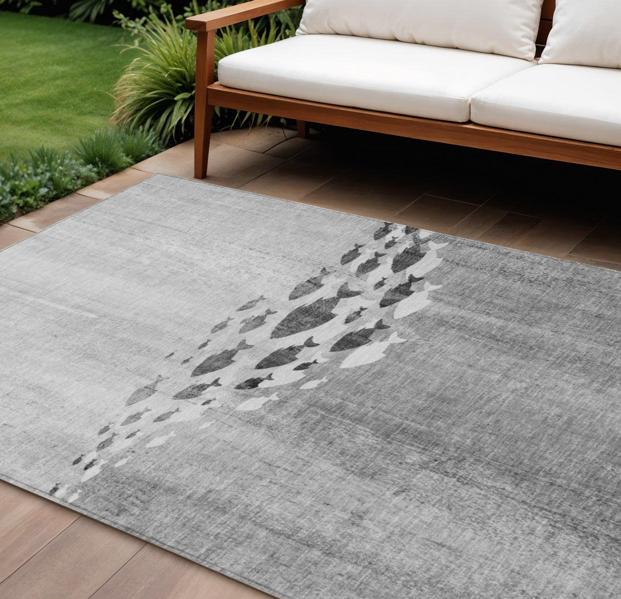 10 X 14 Gray Silver And Charcoal Nautical Washable Indoor Outdoor Area Rug