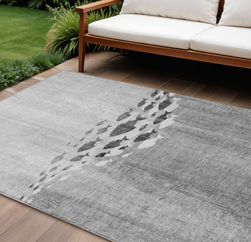 10 X 14 Gray Silver And Charcoal Nautical Washable Indoor Outdoor Area Rug