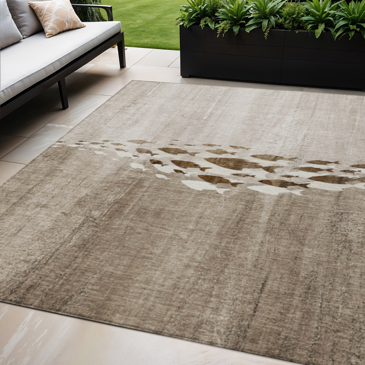 5 X 8 Taupe Brown And Khaki Nautical Washable Indoor Outdoor Area Rug