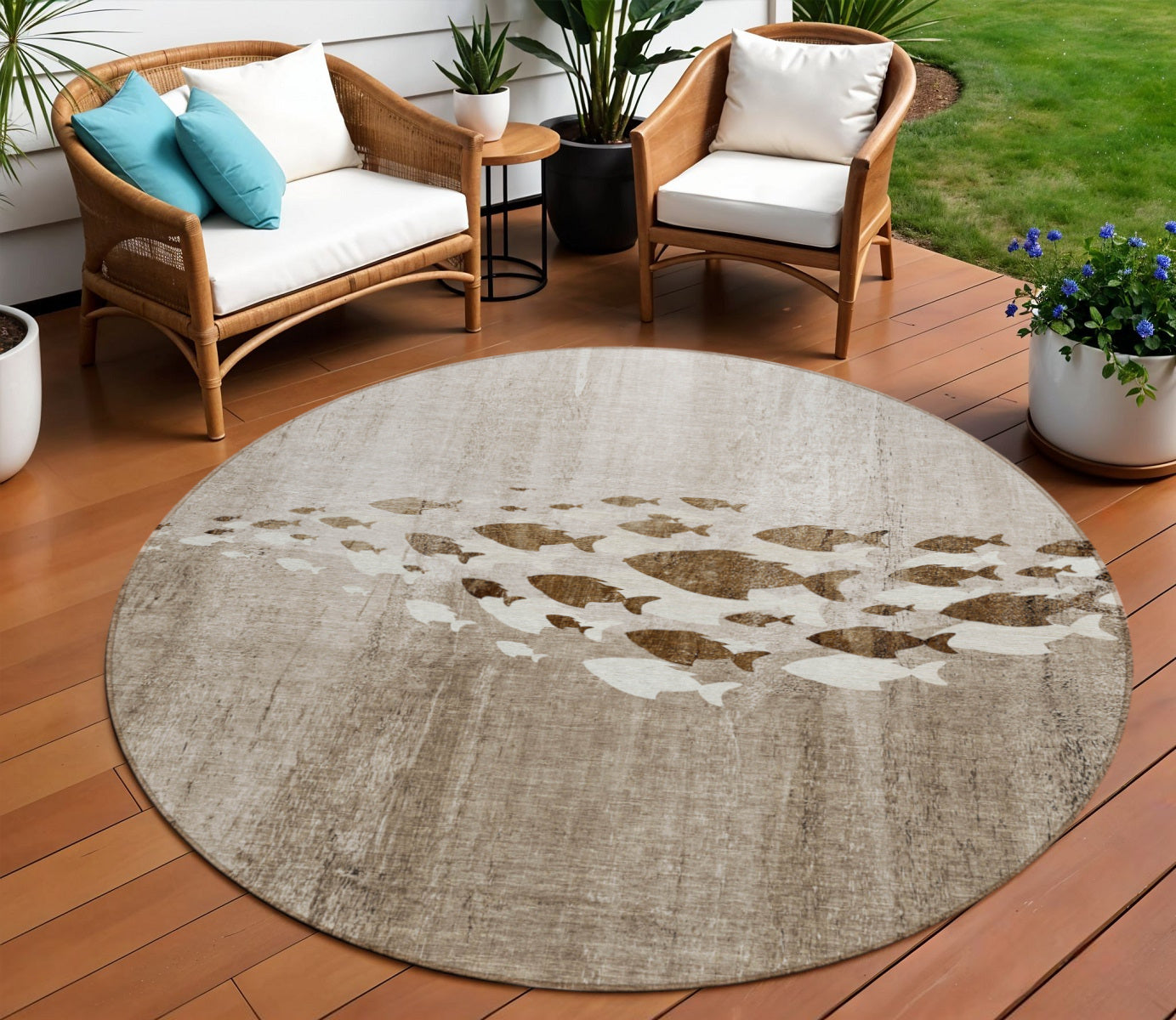 8 Taupe Brown And Khaki Round Nautical Washable Indoor Outdoor Area Rug