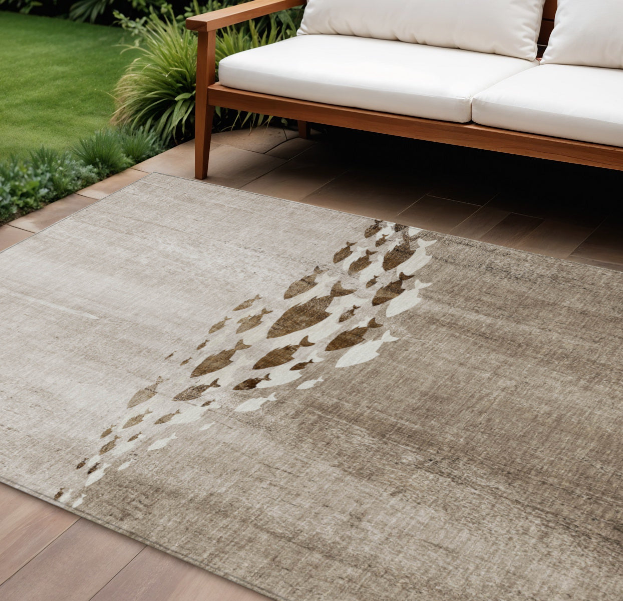9 X 12 Taupe Brown And Khaki Nautical Washable Indoor Outdoor Area Rug