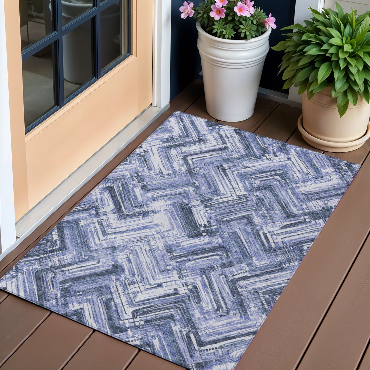 3 X 5 Navy Blue And Sky Blue Geometric Washable Indoor Outdoor Area Rug