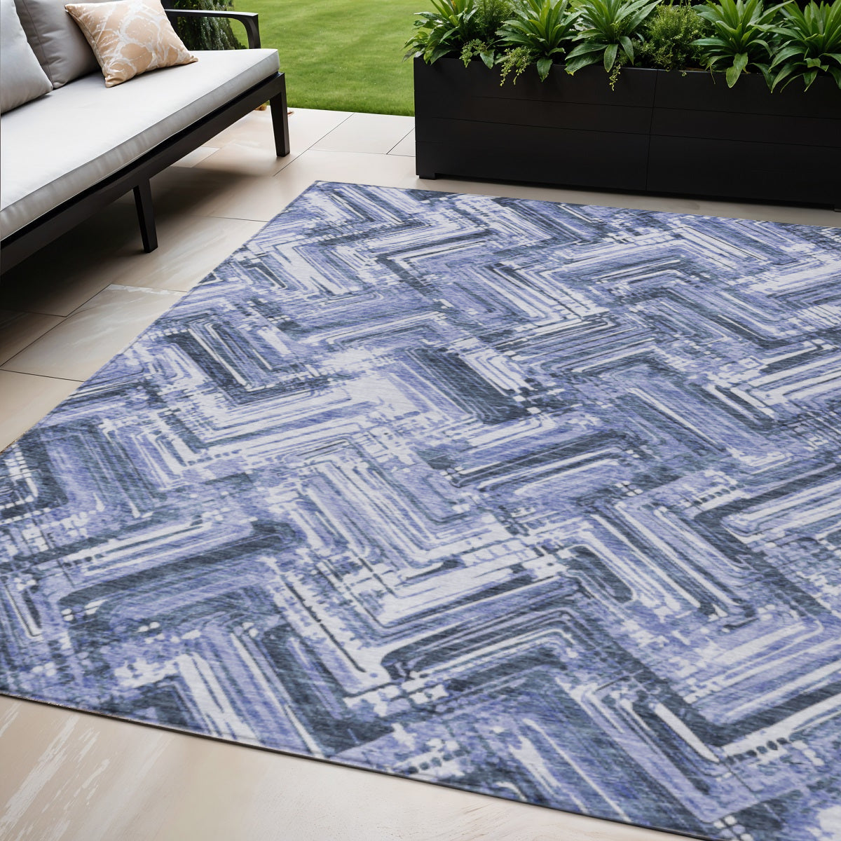 5 X 8 Navy Blue And Sky Blue Geometric Washable Indoor Outdoor Area Rug