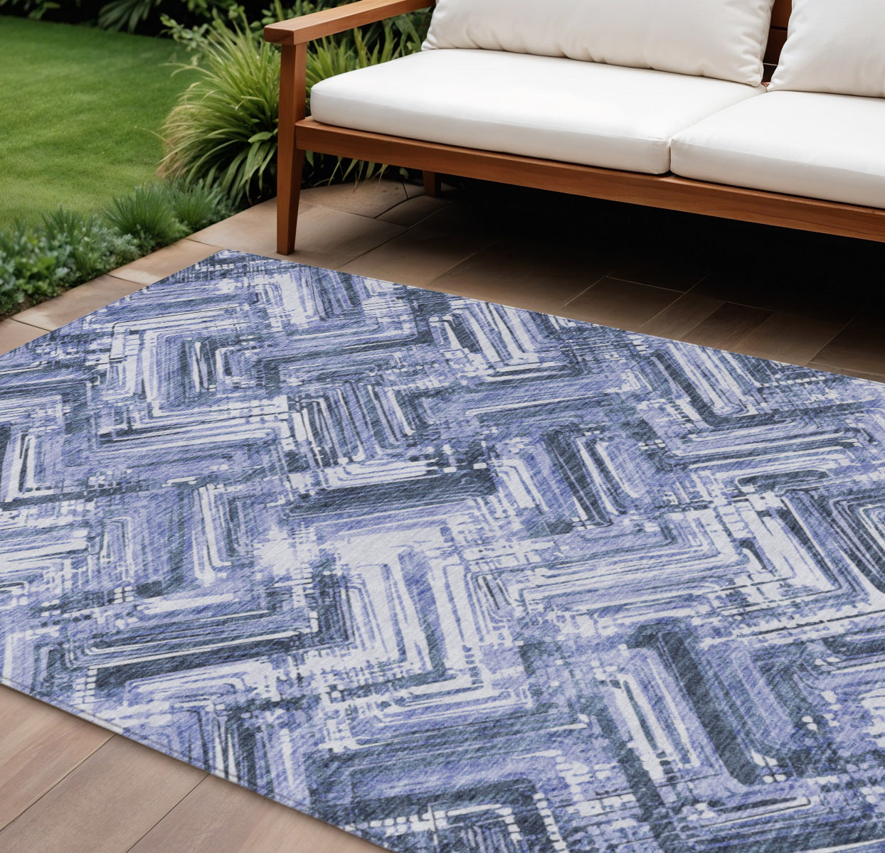 9 X 12 Navy Blue And Sky Blue Geometric Washable Indoor Outdoor Area Rug