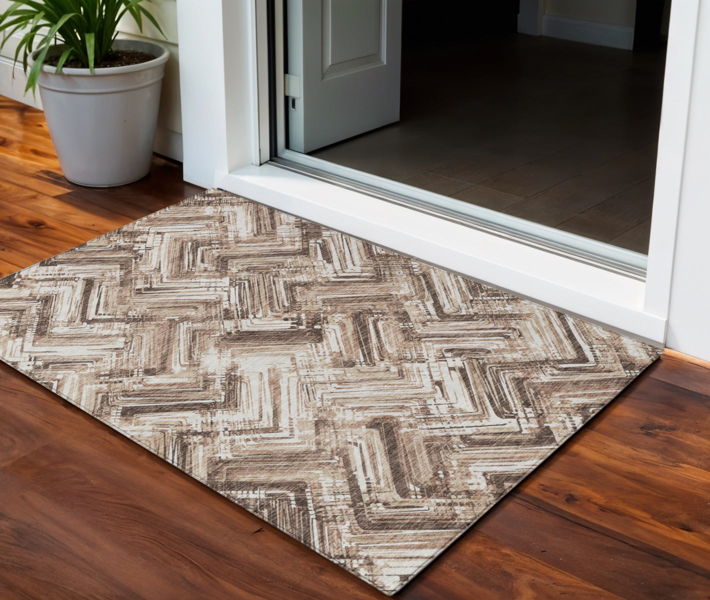 3 X 5 Brown Taupe And Tan Geometric Washable Indoor Outdoor Area Rug