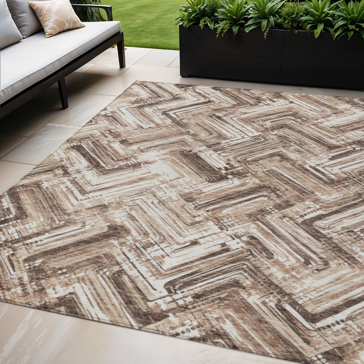 5 X 8 Brown Taupe And Tan Geometric Washable Indoor Outdoor Area Rug