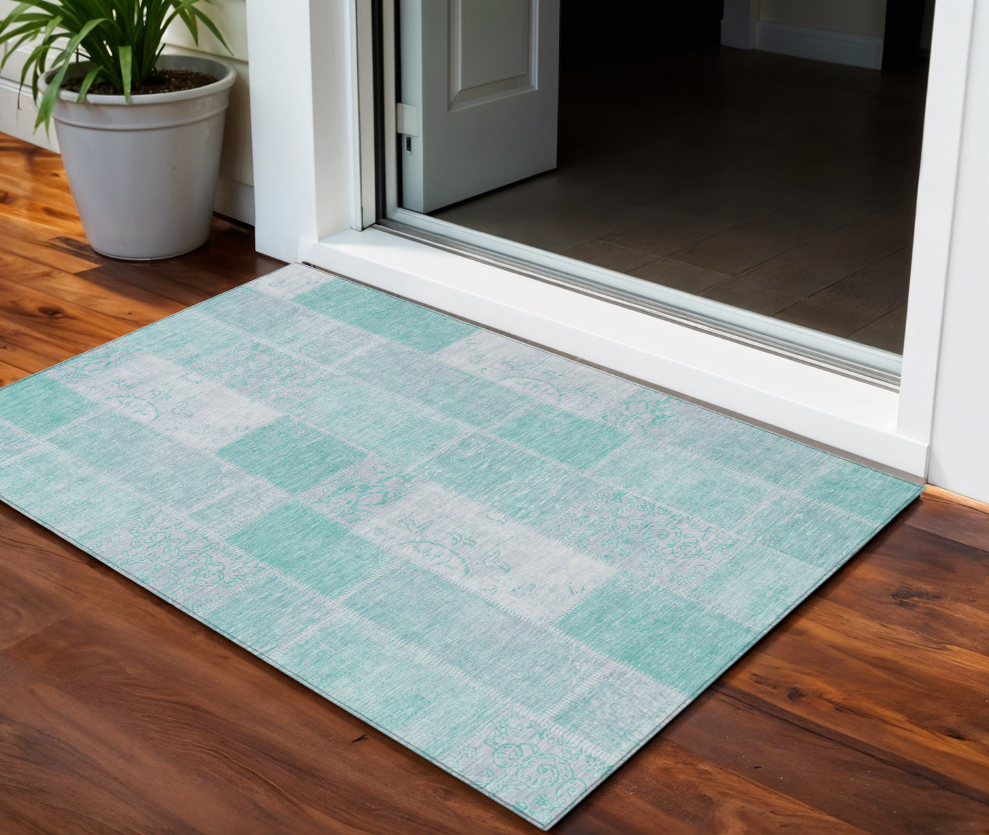 3 X 5 Aqua Teal Blue And Silver Patchwork Washable Indoor Outdoor Area Rug