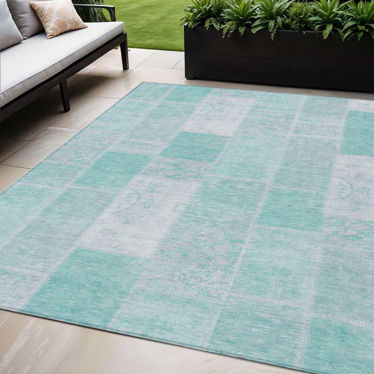 5 X 8 Aqua Teal Blue And Silver Patchwork Washable Indoor Outdoor Area Rug