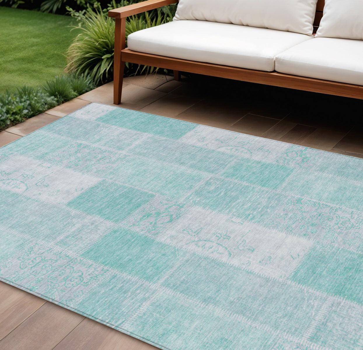 10 X 14 Aqua Teal Blue And Silver Patchwork Washable Indoor Outdoor Area Rug
