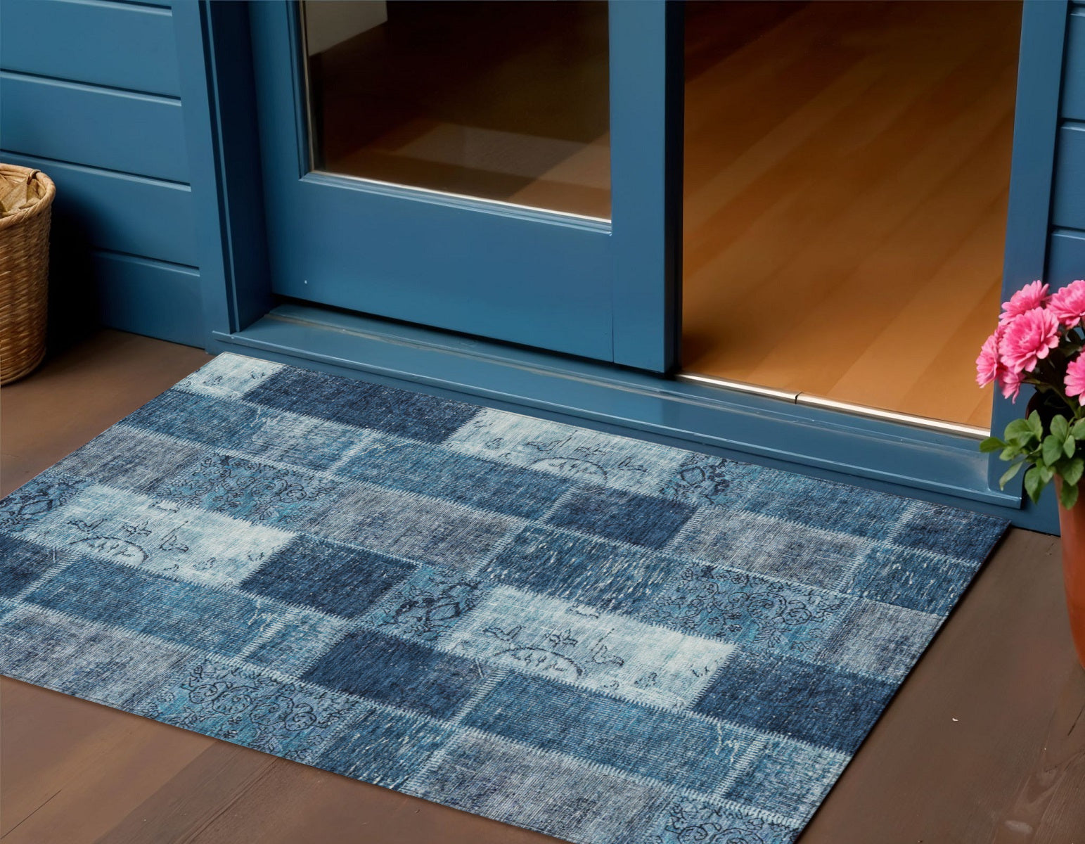 3 X 5 Navy Blue And Sky Blue Patchwork Washable Indoor Outdoor Area Rug
