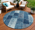 8 Navy Blue And Sky Blue Round Patchwork Washable Indoor Outdoor Area Rug
