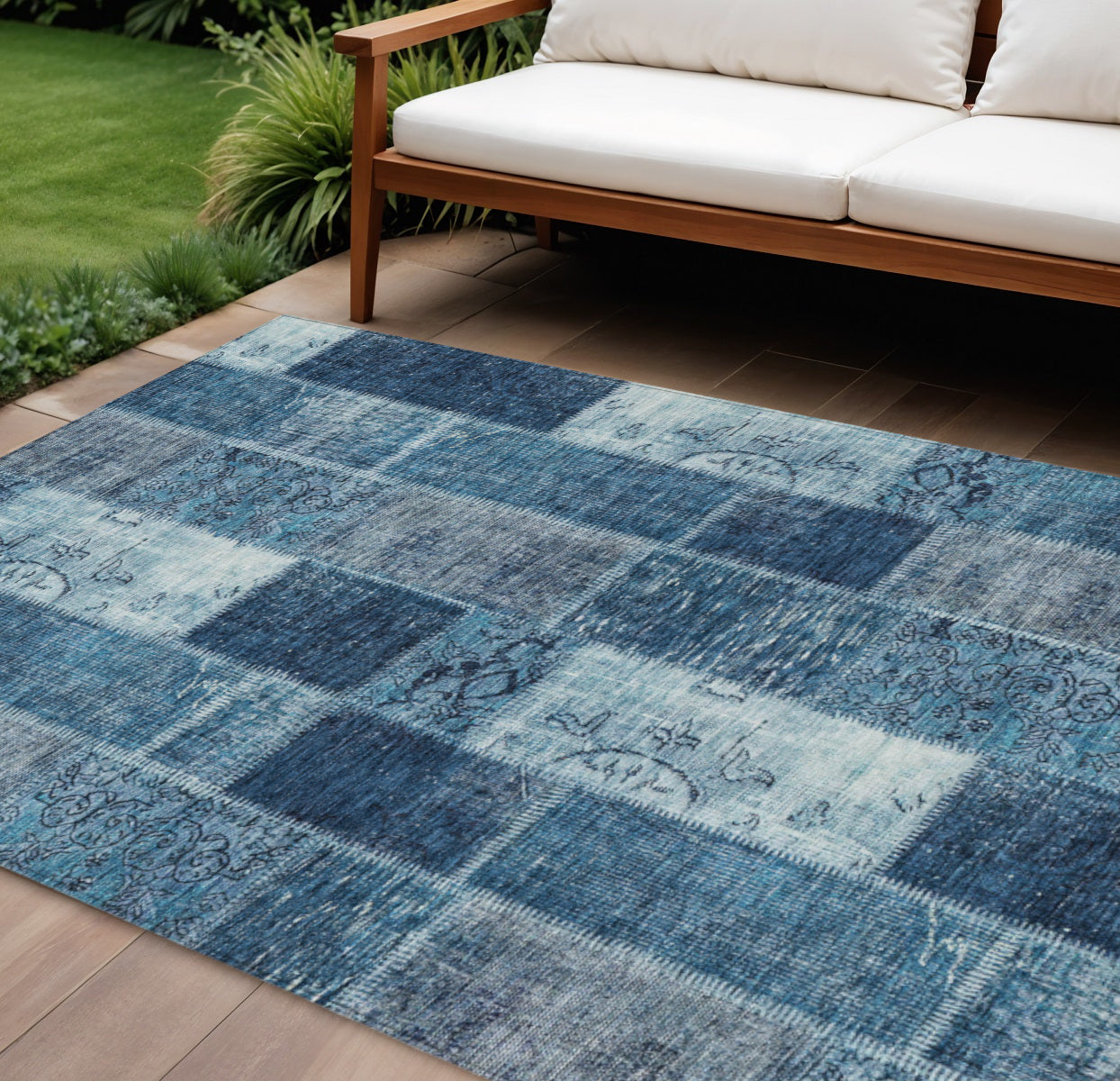 10 X 14 Navy Blue And Sky Blue Patchwork Washable Indoor Outdoor Area Rug