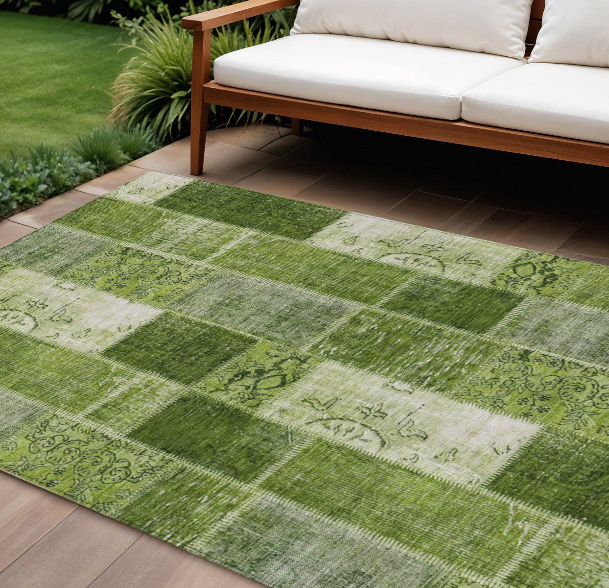9 X 12 Olive Green And Artichoke Green Patchwork Washable Indoor Outdoor Area Rug
