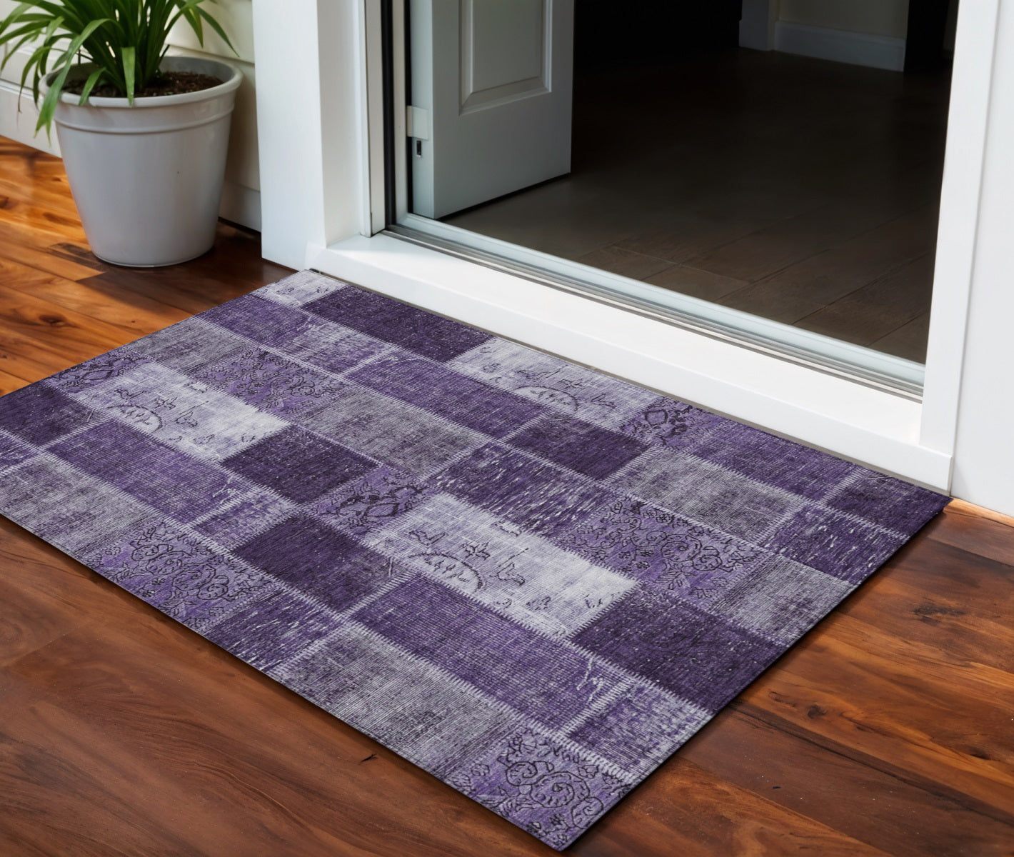 3 X 5 Purple Eggplant And Lavender Patchwork Washable Indoor Outdoor Area Rug