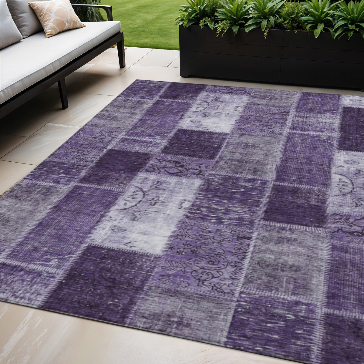 5 X 8 Purple Eggplant And Lavender Patchwork Washable Indoor Outdoor Area Rug