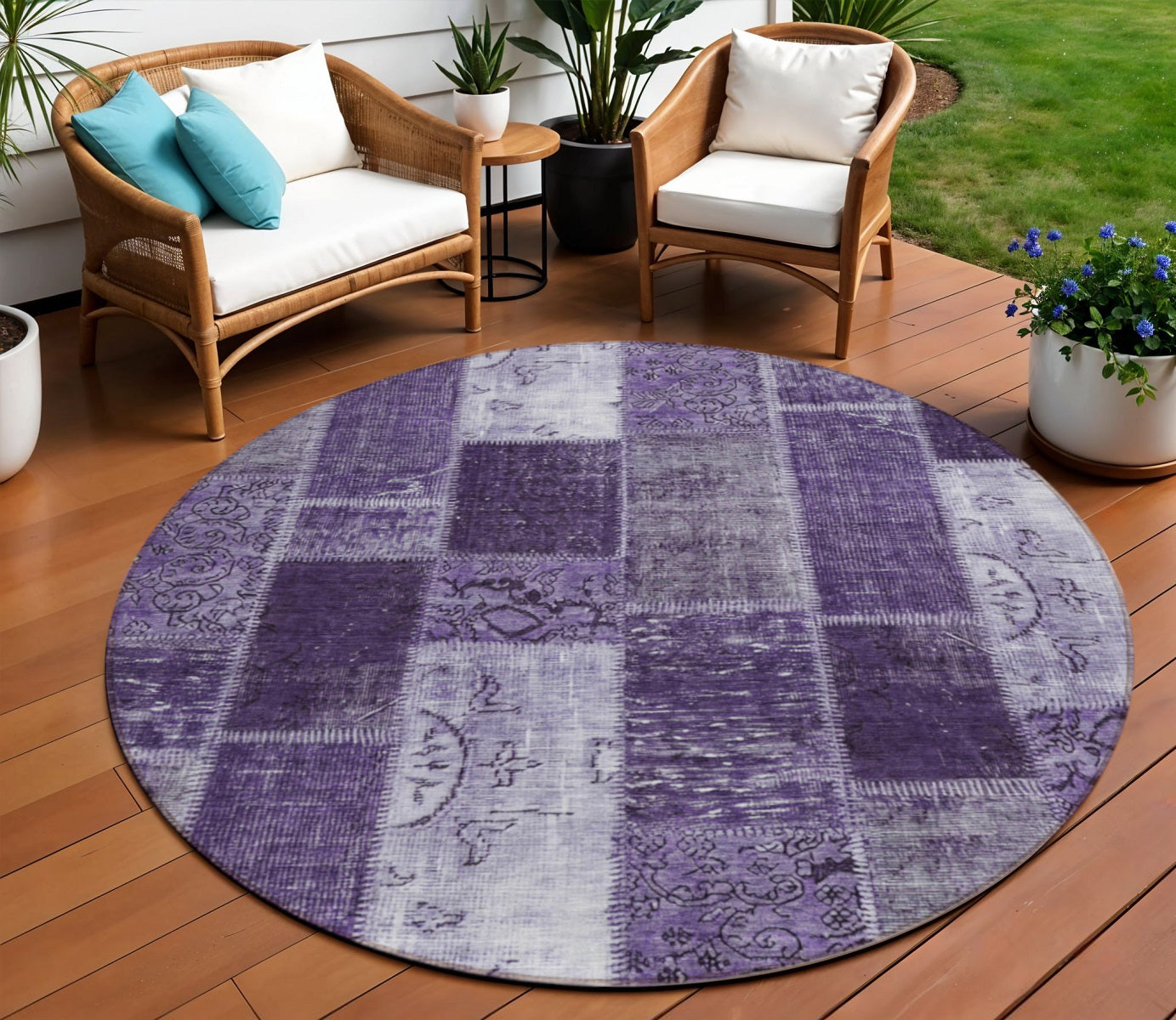 8 Purple Eggplant And Lavender Round Patchwork Washable Indoor Outdoor Area Rug