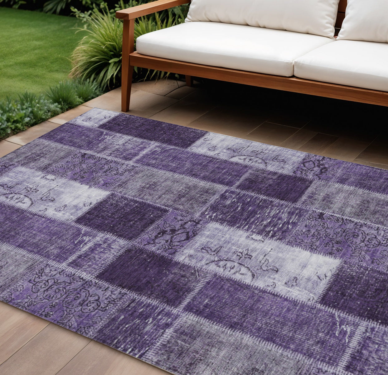 10 X 14 Purple Eggplant And Lavender Patchwork Washable Indoor Outdoor Area Rug