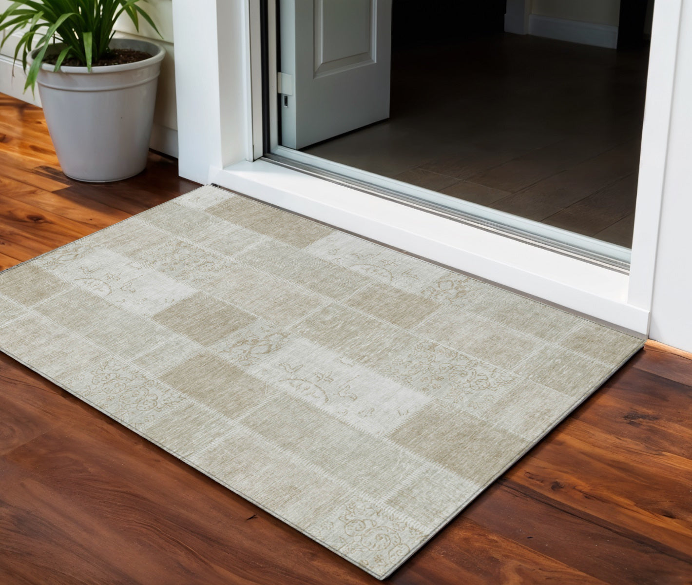 3 X 5 Taupe Beige And Tan Patchwork Washable Indoor Outdoor Area Rug