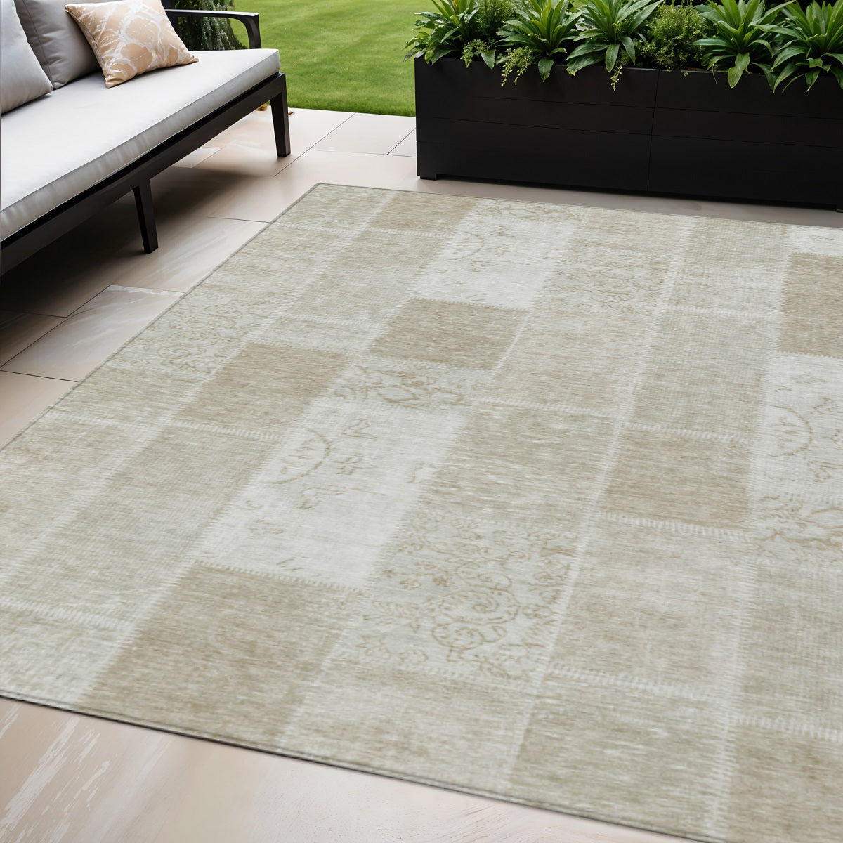 5 X 8 Taupe Beige And Tan Patchwork Washable Indoor Outdoor Area Rug