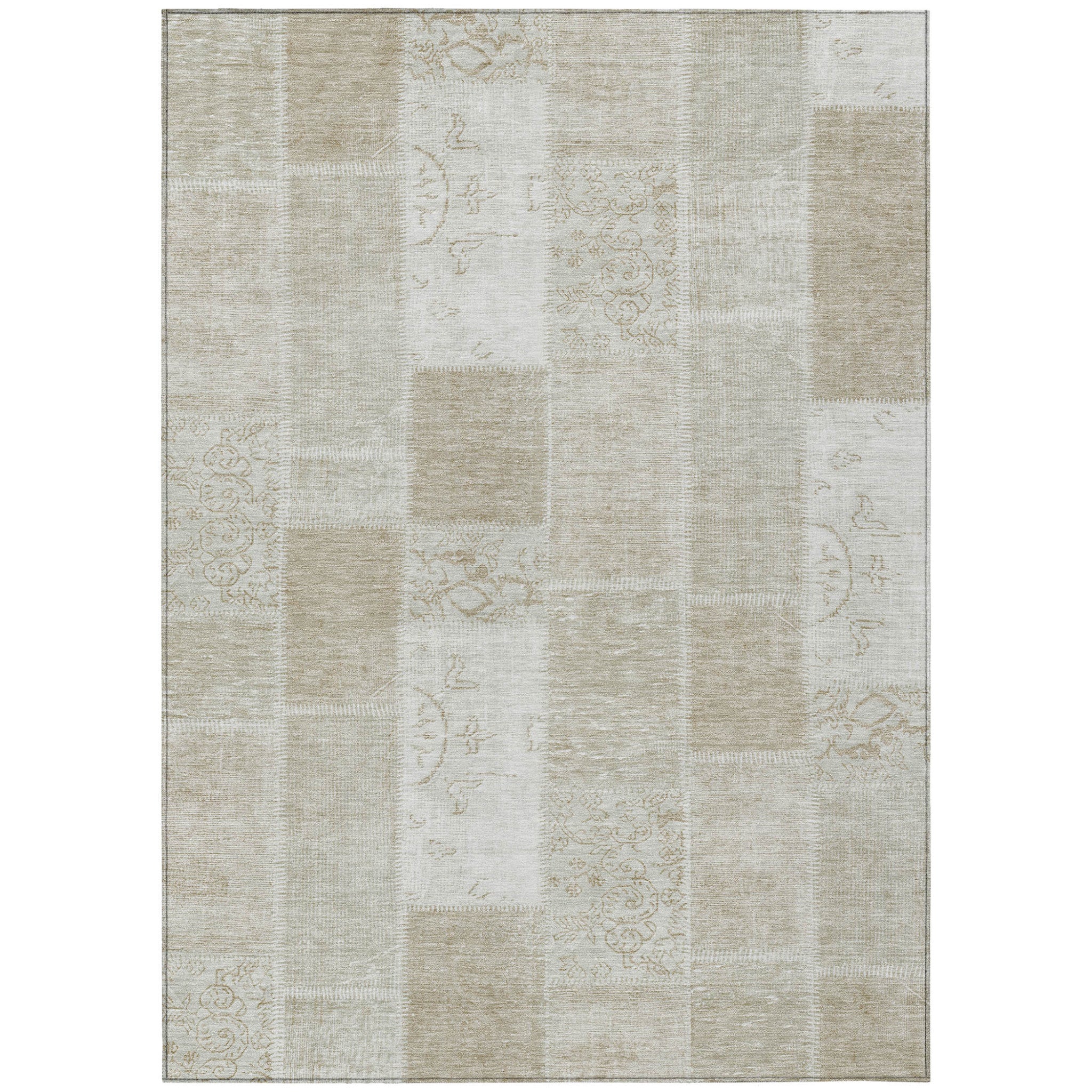 9 X 12 Taupe Beige And Tan Patchwork Washable Indoor Outdoor Area Rug