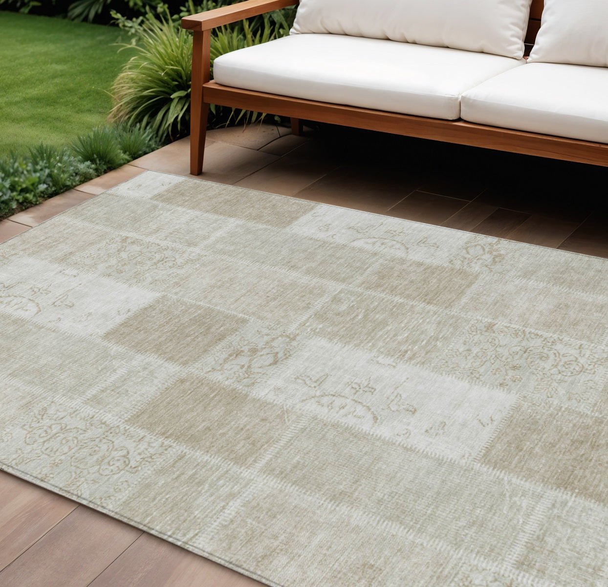 10 X 14 Taupe Beige And Tan Patchwork Washable Indoor Outdoor Area Rug