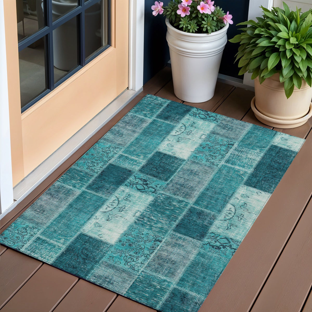 3 X 5 Teal Blue Aqua And Turquoise Patchwork Washable Indoor Outdoor Area Rug