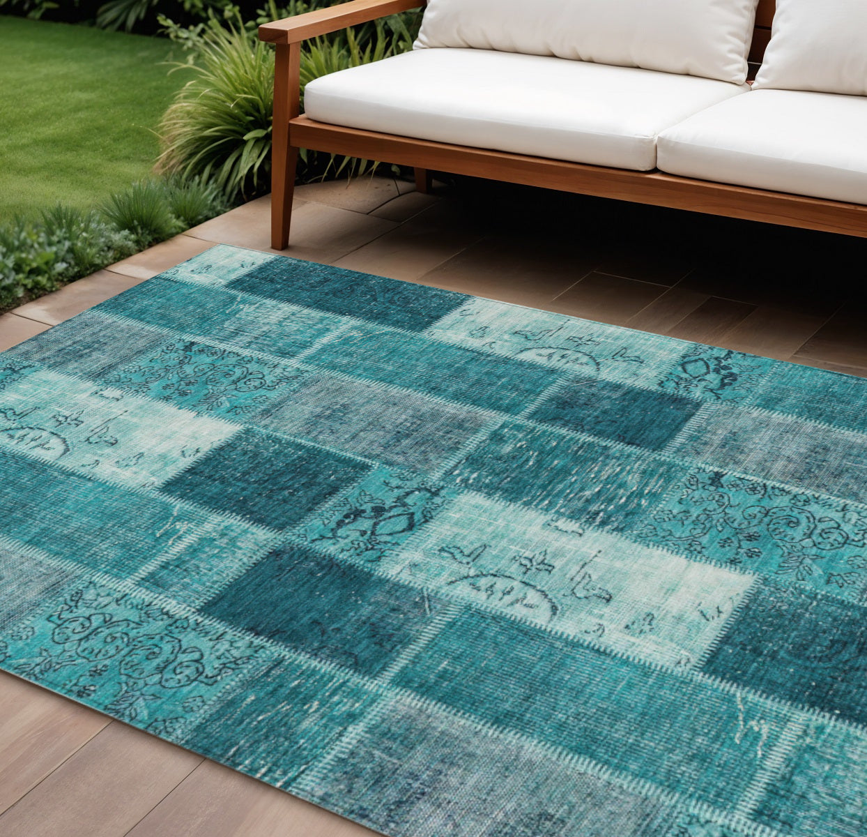 9 X 12 Teal Blue Aqua And Turquoise Patchwork Washable Indoor Outdoor Area Rug
