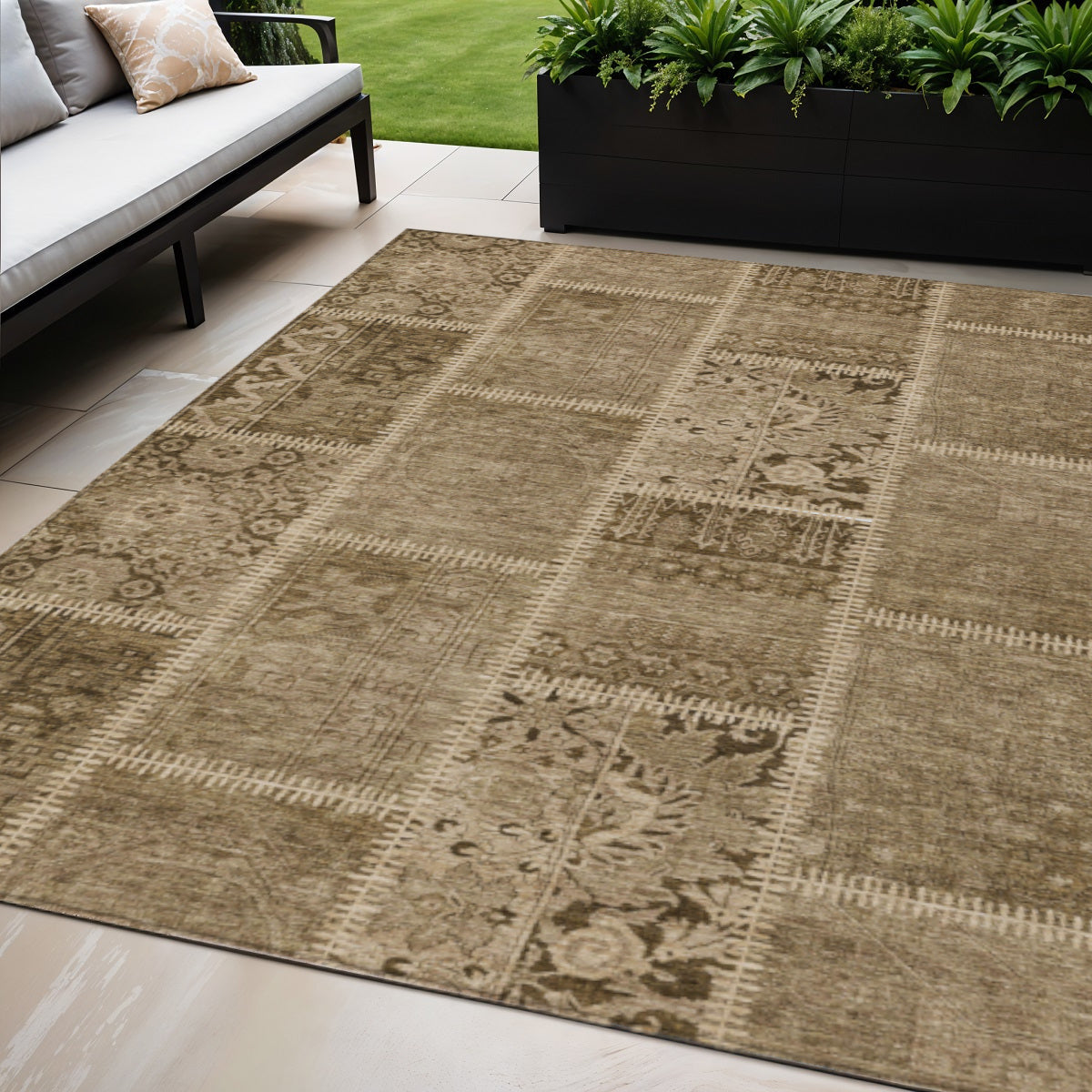 5 X 8 Brown And Beige Patchwork Washable Indoor Outdoor Area Rug