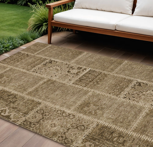 10 X 14 Brown And Beige Patchwork Washable Indoor Outdoor Area Rug