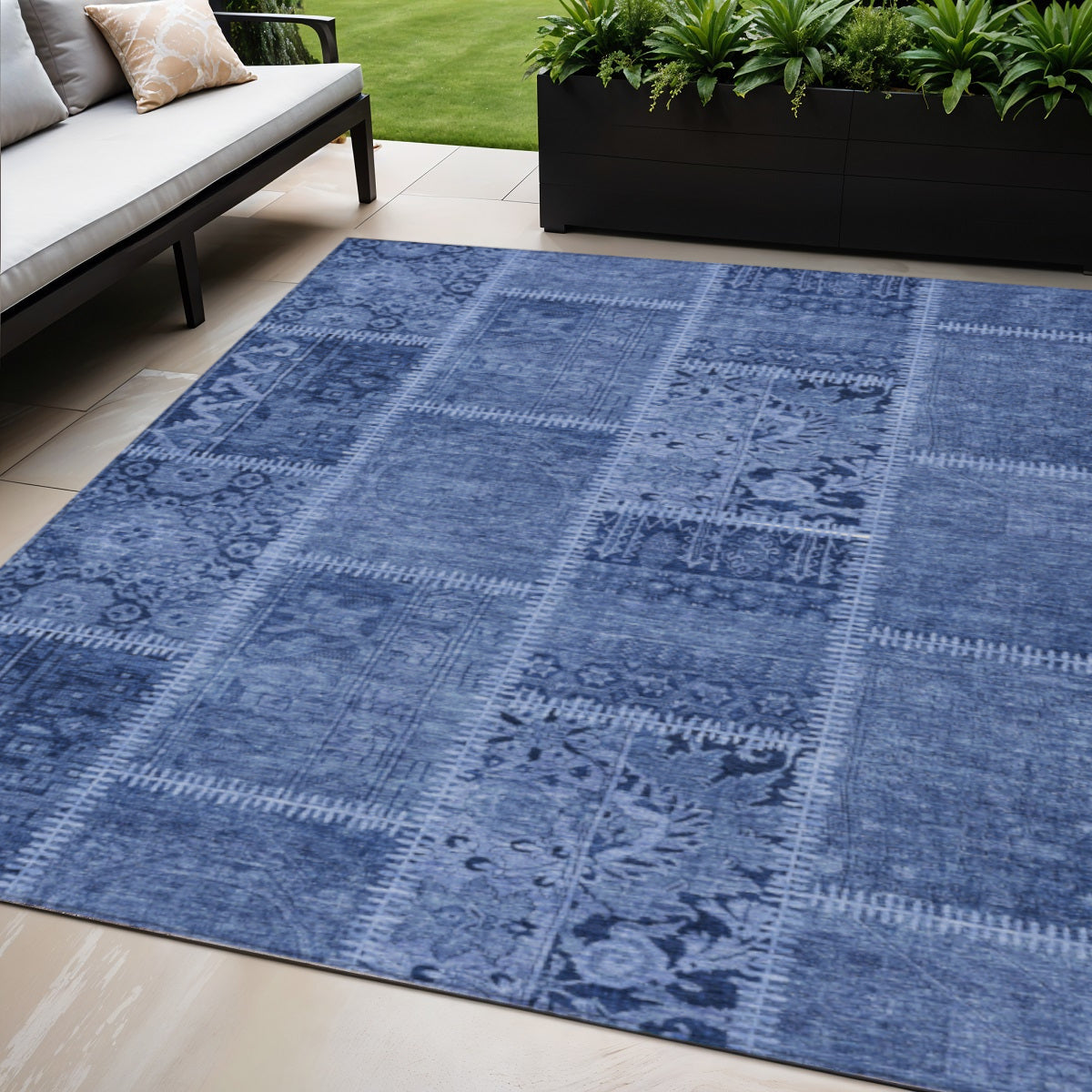 5 X 8 Navy Blue And Denim Blue Patchwork Washable Indoor Outdoor Area Rug