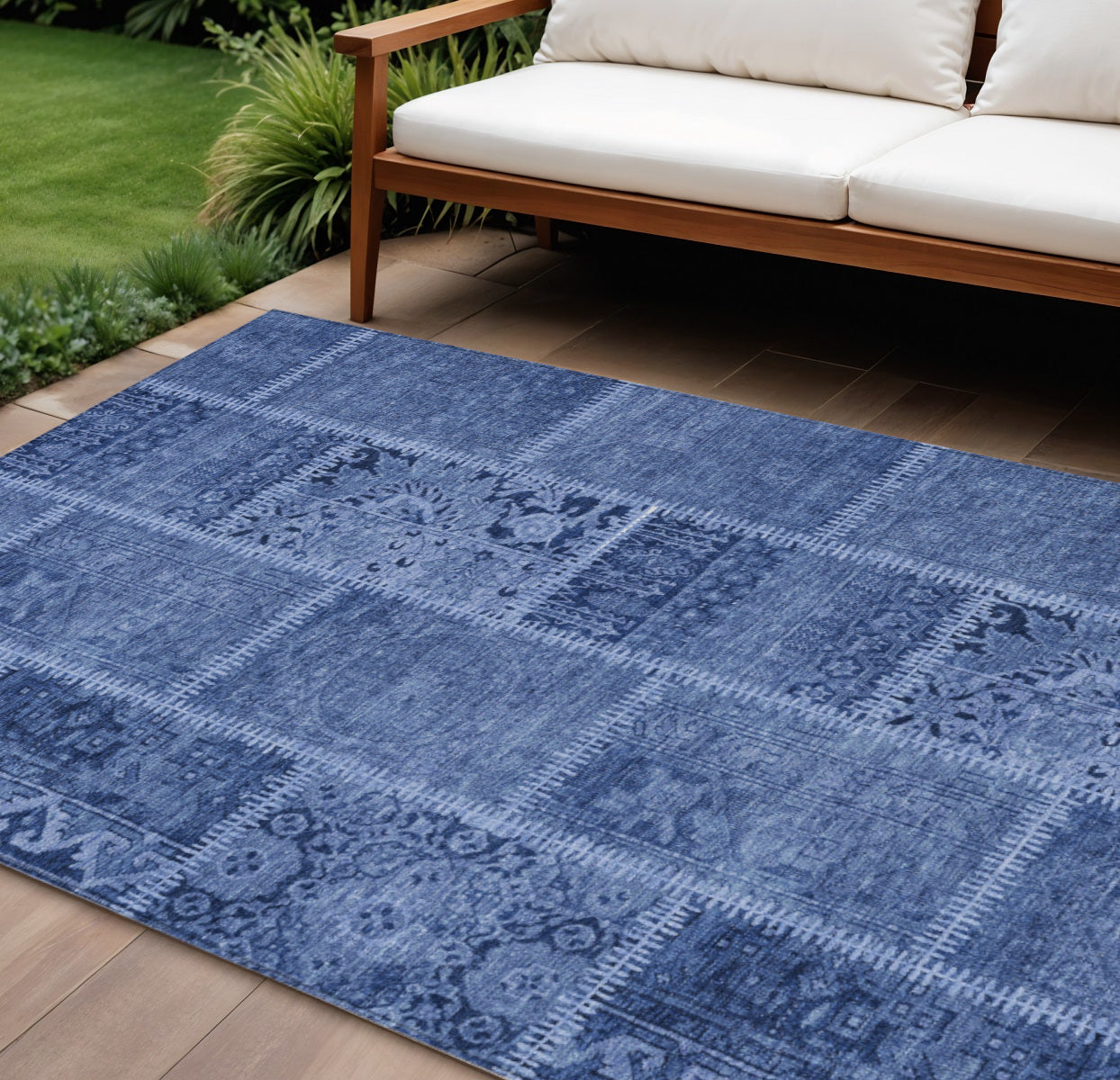 8 X 10 Navy Blue And Denim Blue Patchwork Washable Indoor Outdoor Area Rug