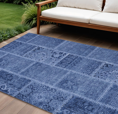 10 X 14 Navy Blue And Denim Blue Patchwork Washable Indoor Outdoor Area Rug
