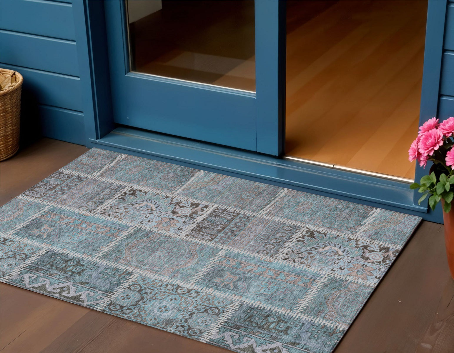 3 X 5 Teal Blue Aqua And Beige Patchwork Washable Indoor Outdoor Area Rug