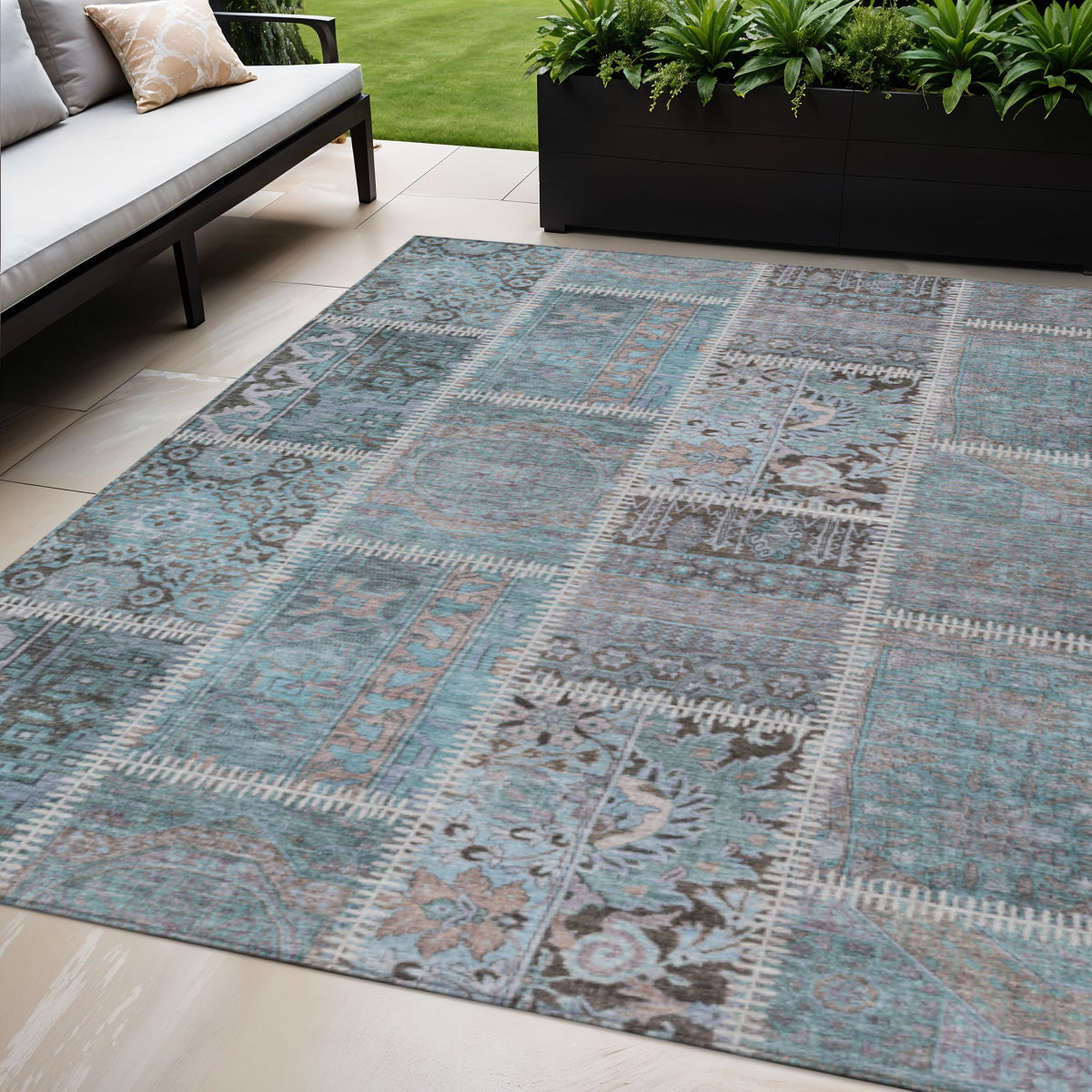5 X 8 Teal Blue Aqua And Beige Patchwork Washable Indoor Outdoor Area Rug