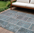 9 X 12 Teal Blue Aqua And Beige Patchwork Washable Indoor Outdoor Area Rug