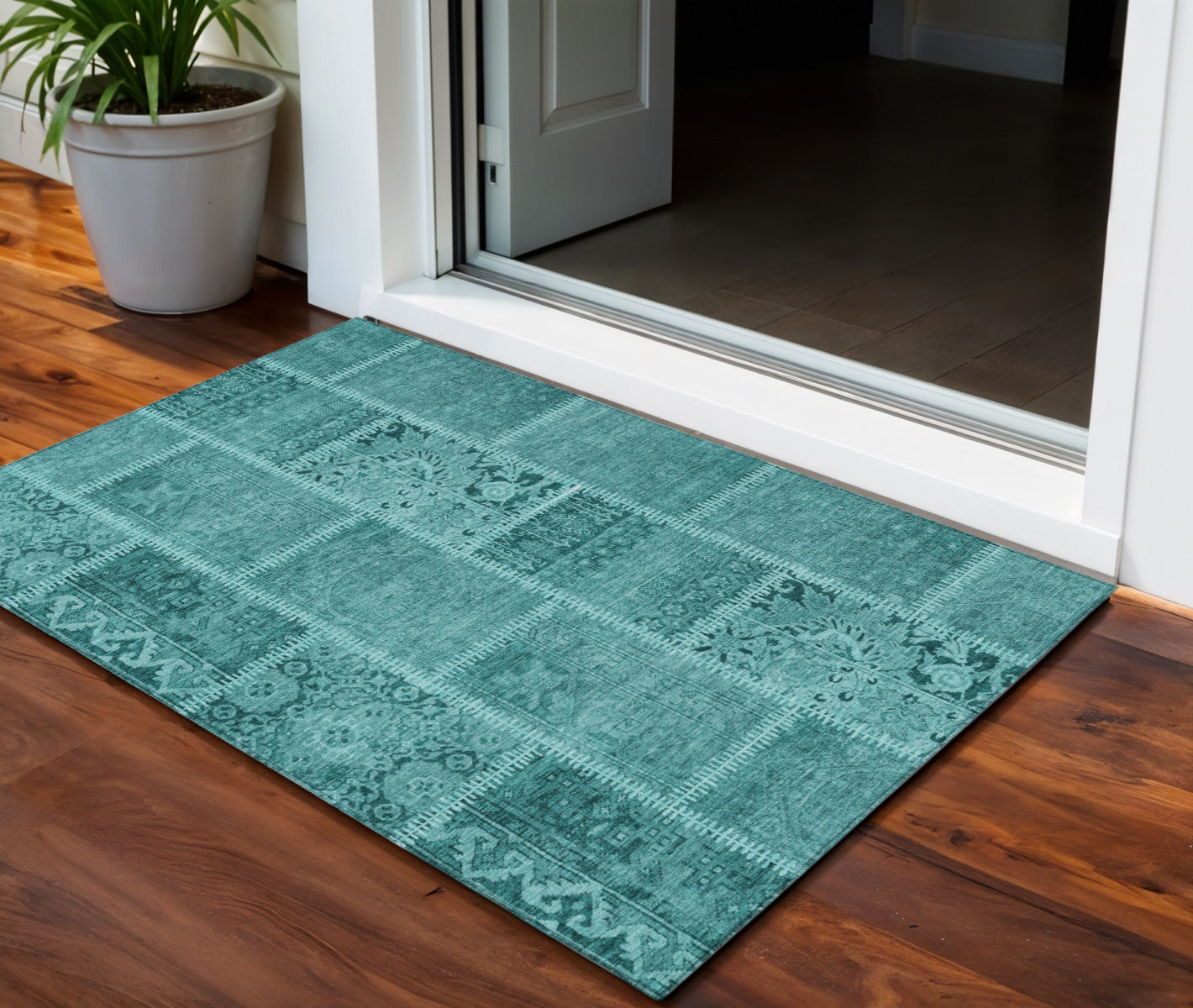 3 X 5 Turquoise Teal Blue And Aqua Patchwork Washable Indoor Outdoor Area Rug