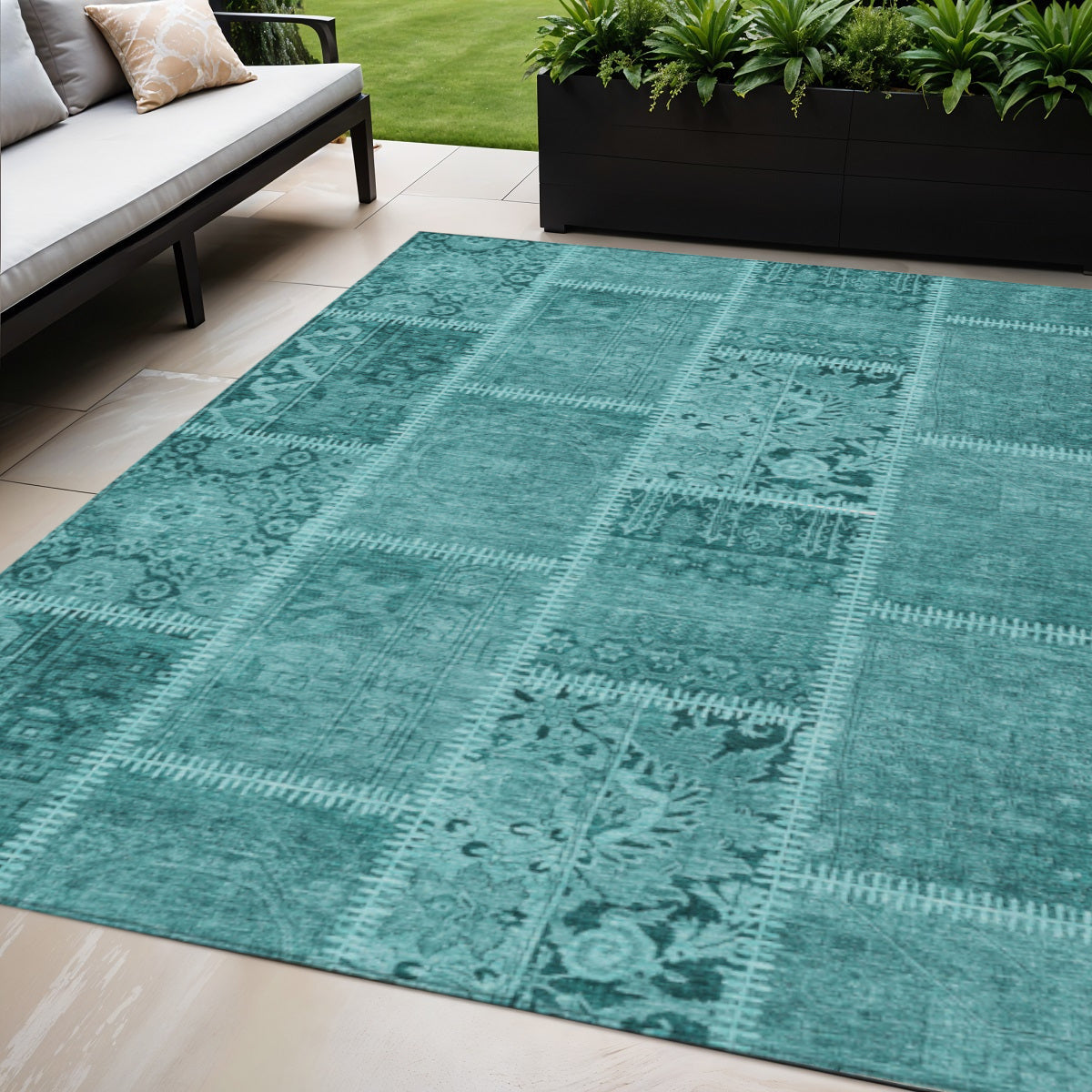 5 X 8 Turquoise Teal Blue And Aqua Patchwork Washable Indoor Outdoor Area Rug