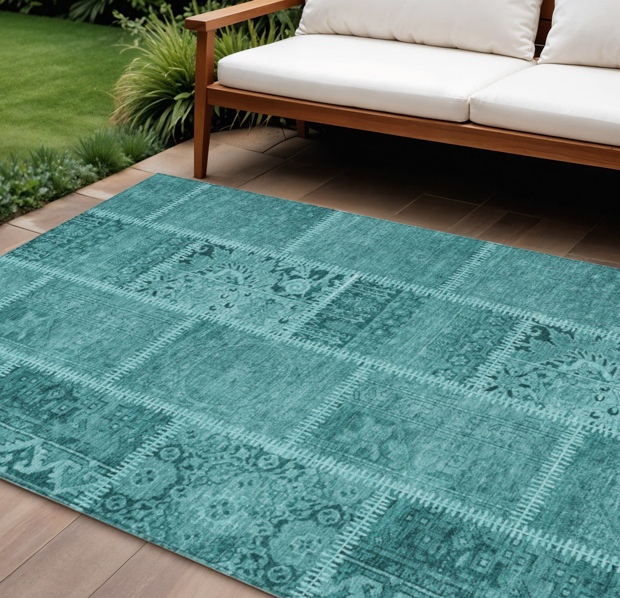 8 X 10 Turquoise Teal Blue And Aqua Patchwork Washable Indoor Outdoor Area Rug