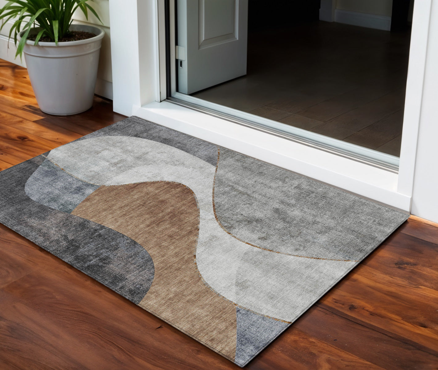 3 X 5 Gray Charcoal And Brown Abstract Washable Indoor Outdoor Area Rug