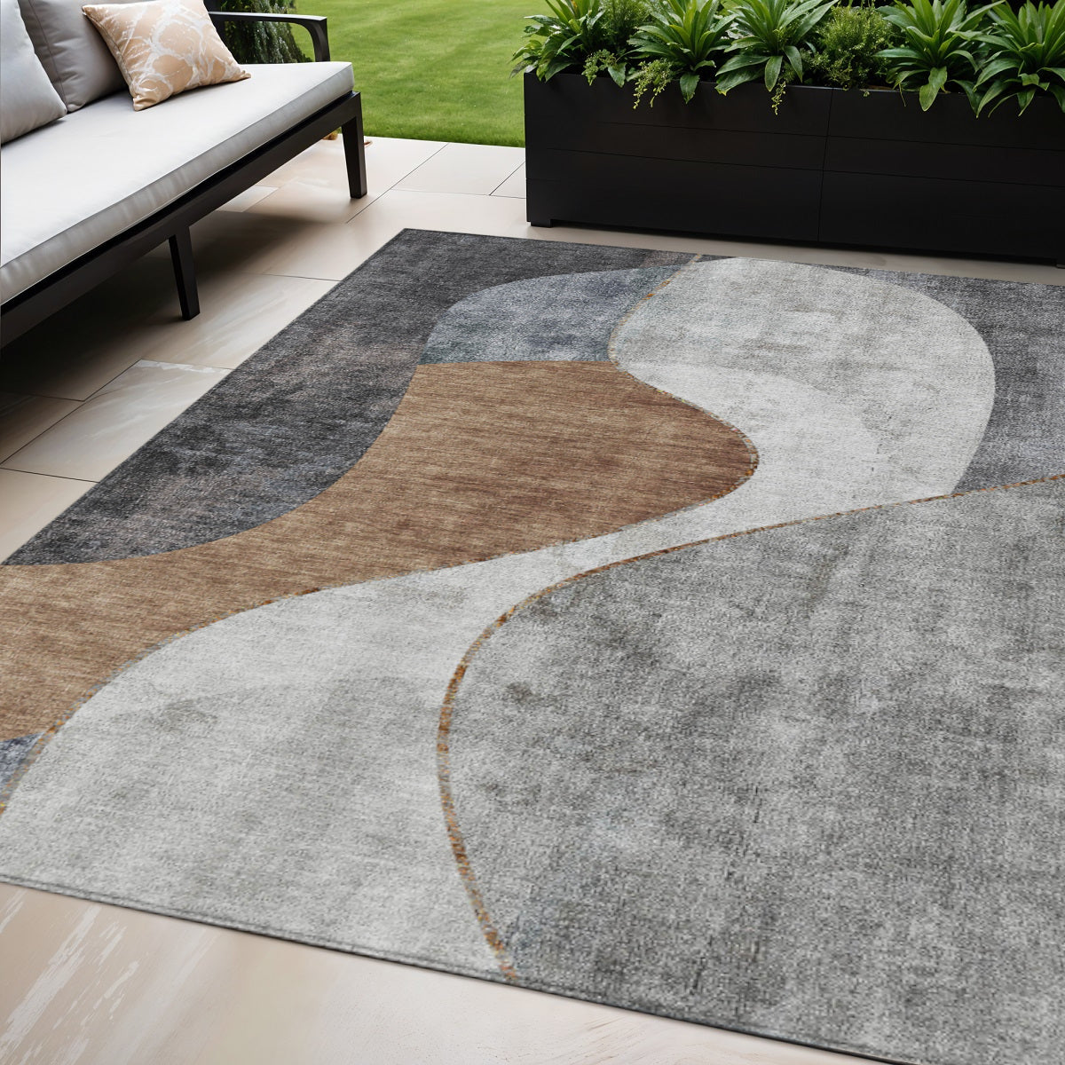 5 X 8 Gray Charcoal And Brown Abstract Washable Indoor Outdoor Area Rug