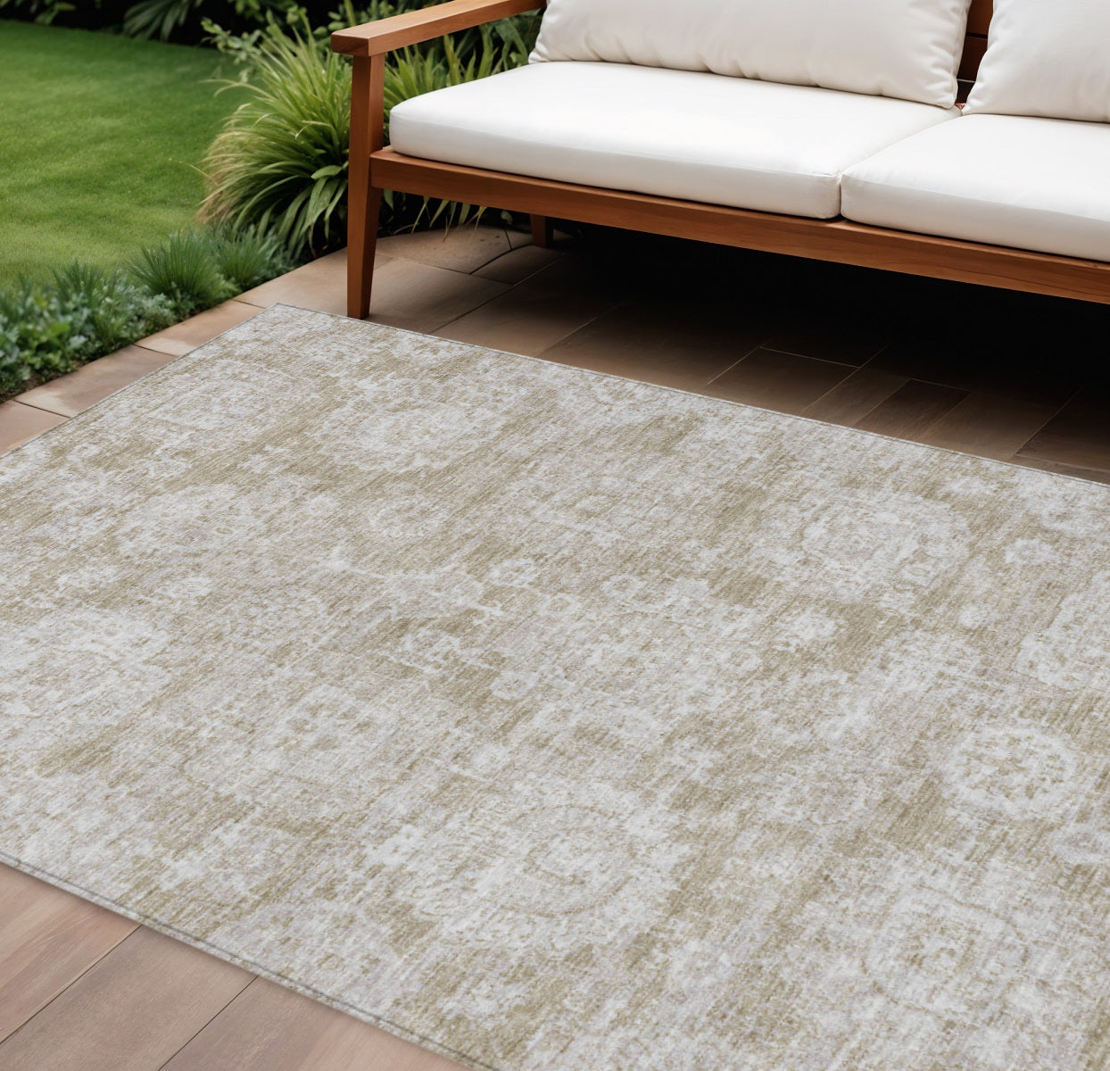 9 X 12 Beige Tan And Gray Floral Washable Indoor Outdoor Area Rug