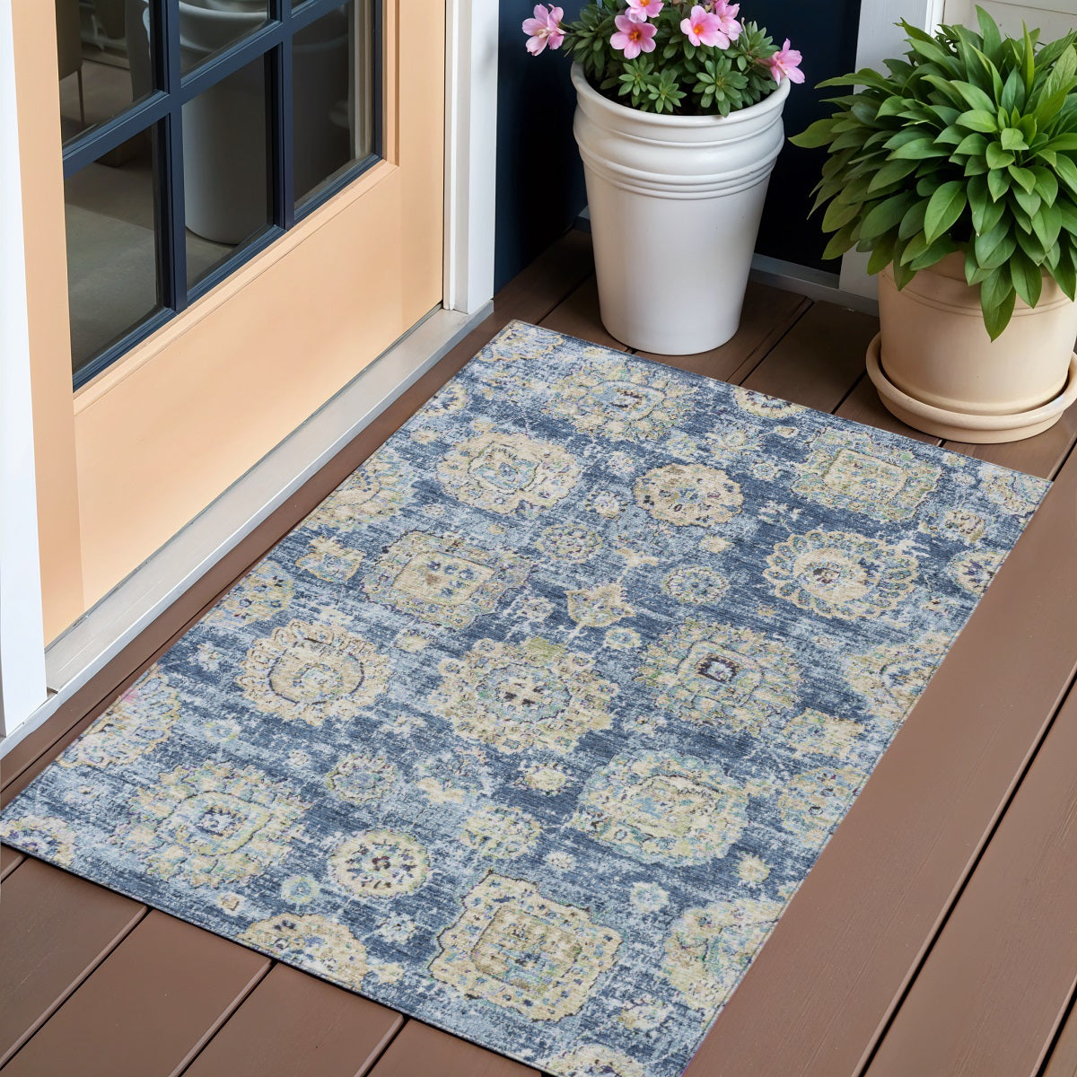 3 X 5 Navy Blue And Beige Floral Washable Indoor Outdoor Area Rug