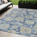 5 X 8 Navy Blue And Beige Floral Washable Indoor Outdoor Area Rug