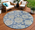 8 Navy Blue And Beige Round Floral Washable Indoor Outdoor Area Rug