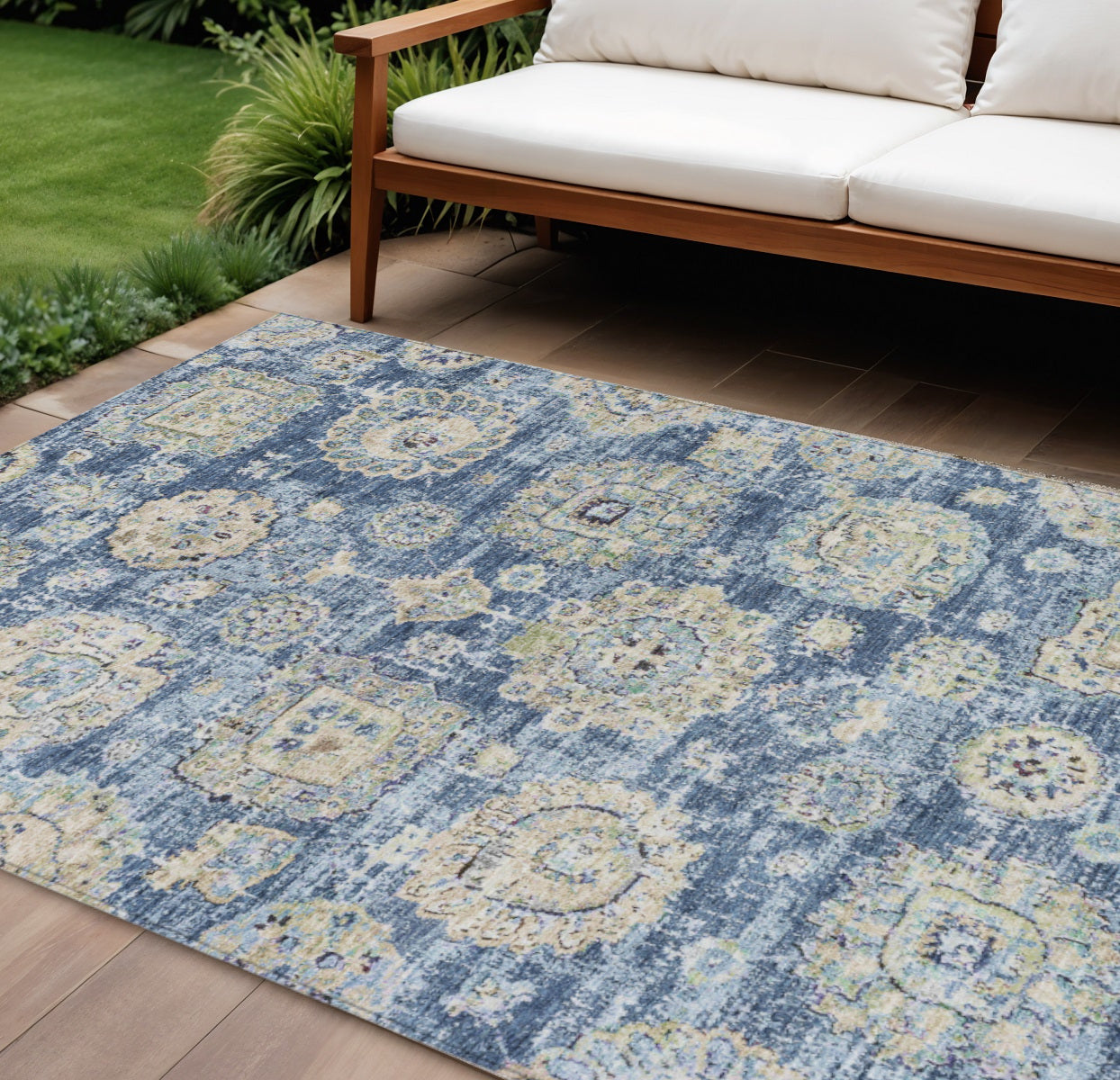 8 X 10 Navy Blue And Beige Floral Washable Indoor Outdoor Area Rug