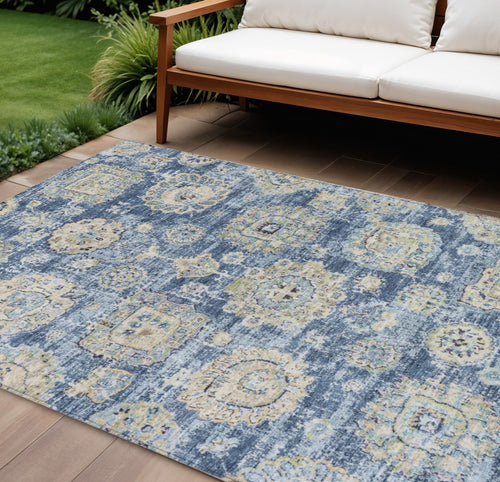 10 X 14 Navy Blue And Beige Floral Washable Indoor Outdoor Area Rug